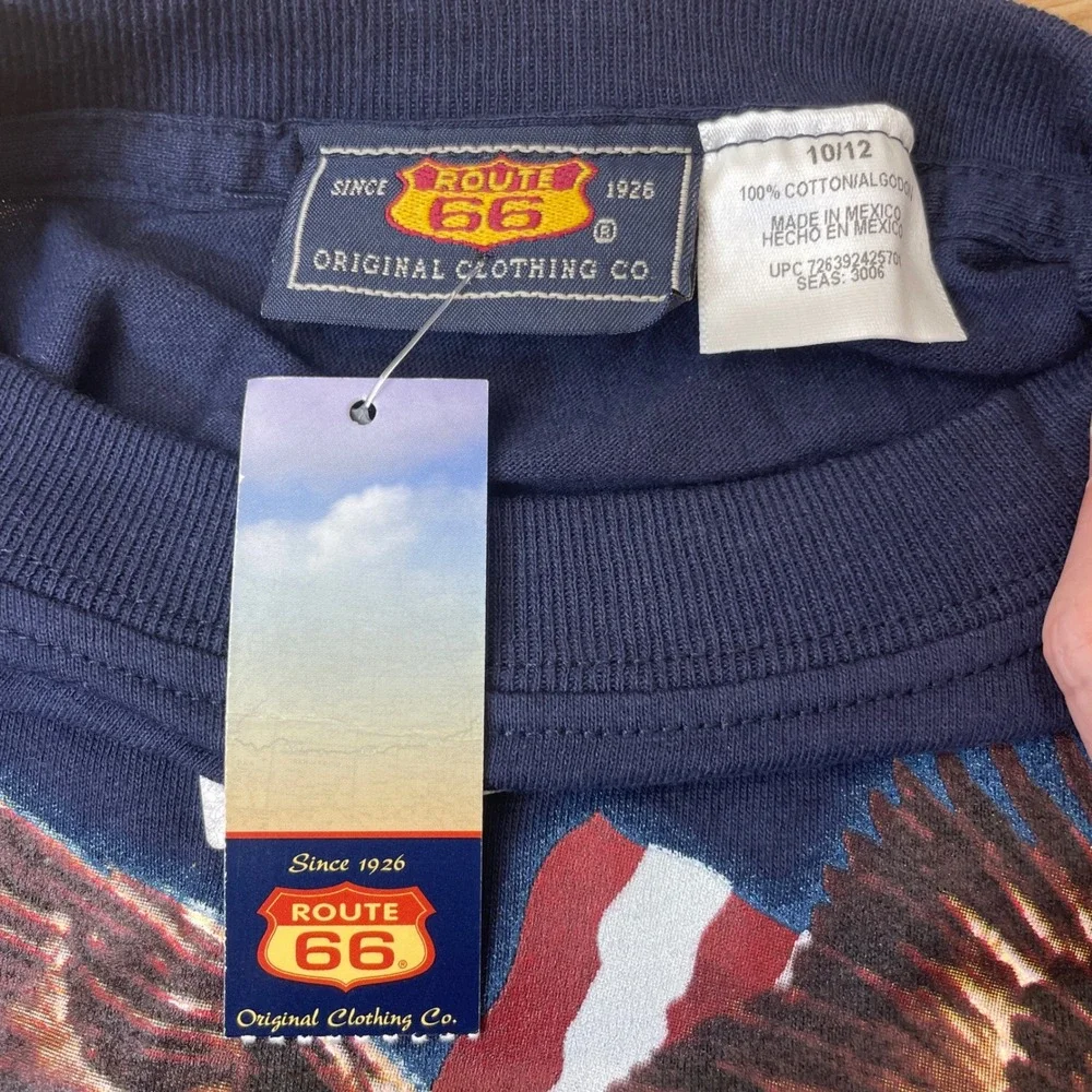 Route 66 Kids T Shirt Eagle‎ American Flag Reflective Ink Size 10 12 Navy Blue